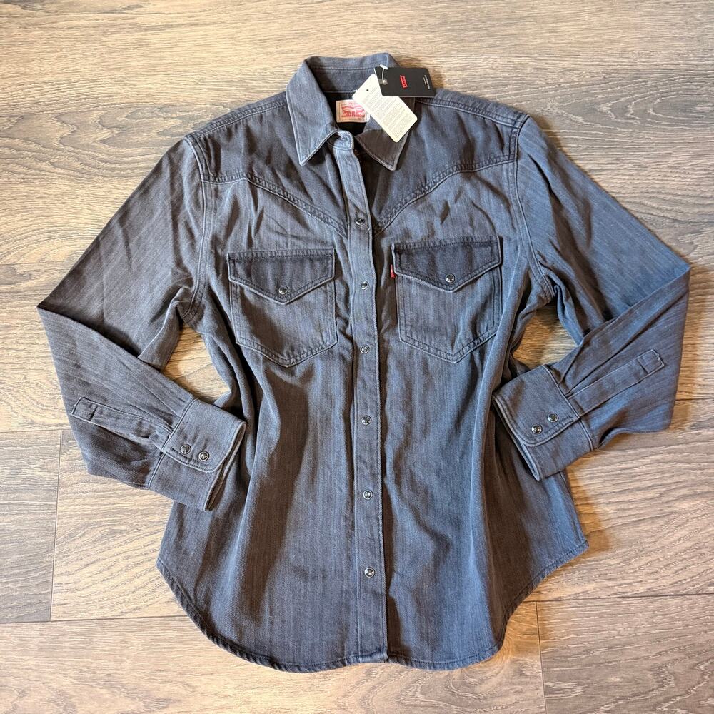 NWT Levi's Sz S Western Denim Shirt Gray Black Pearl Snap Cowboy Rodeo Ranch